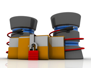 Poster - 3d rendering Folder connected to database lock connected aux cable