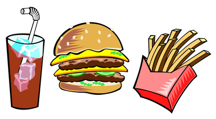 Illustration of hamburger, fries and a drink