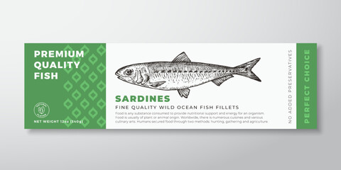 Wall Mural - premium quality sardines vector packaging label design modern typography and hand drawn fish silhoue