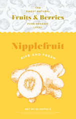 Wall Mural - Fruits and Berries Pattern Label Template. Abstract Vector Packaging Design Layout. Modern Typography Banner with Hand Drawn Nipplefruit with Slice Sketch Silhouette Background Isolated