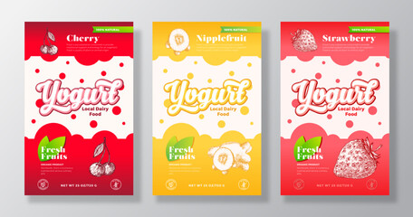 Wall Mural - Fruits and Berries Yogurt Label Templates Set. Abstract Vector Dairy Packaging Design Layouts Collection. Modern Banner with Hand Drawn Strawberry, Cherry and Nipplefruit Sketches Background Isolated