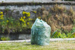 Green garbage bag. Cleaning in nature. Nature cleanup of dried plants.