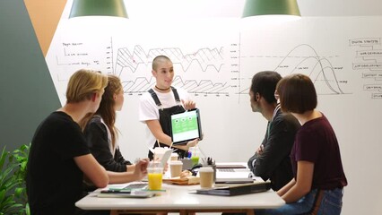 Poster - Seo presentation, UI tablet and female speaker showing future while talking about analytics, algorithm and graph on whiteboard in business meeting. Men and women in a workshop for proposal on trading