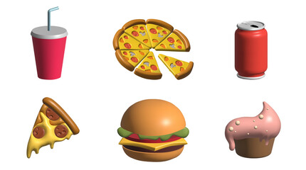 fast food 3d icon set with pizza, hamburger, soda, cupcake 3d illustration.