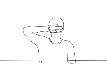 Poster - man stands with his hand closed his eyes - one line drawing vector. concept too bright light, shame, cringe, hangover