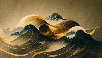 Leinwandbilder - Minimalistic mountain landscape with watercolor brush in Japanese traditional style. Wallpaper with abstract art for prints or covers. 3d artwork