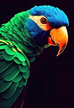 Close Up Of A Parrot's Face In Dark With Bright Blue Feathers, A Colorful Parrot Sitting In Front Of A Black Background