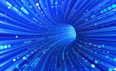 Poster - Neon rays virtual flight. 3D illustration of computer code flowing inside cable. High-speed data transmission tunnel. Internet Gateway Data Flow