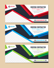 Poster - web page banners template design with headline is roofing contractor. space of photo and text. Advertising banner with horizontal layout. black background with diagonal line pattern. red, green, blue