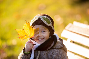 Sticker - Little toddler child, boy, playing with airplane and knitted teddy bear in autumn park