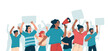 Angry men and women on protest, strike. Concept peaceful demonstration of human rights. Group of diverse people at picket.  Crowd with placards, girl with loudspeaker.Isolated flat vector illustration