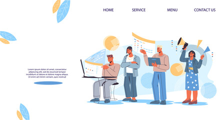 Website mockup for creative business team in work process, teamwork and discussion of successful business strategy, flat vector illustration. Business management and brainstorming process.