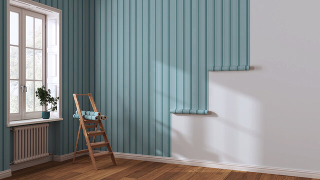 empty room with white walls and parquet floor, shits of striped blue wallpaper on the wall with copy