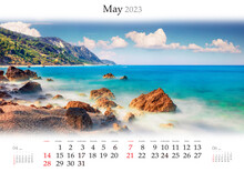 Wall Calendar For 2023 Year. May, B3 Size. Set Of Calendars With Amazing Landscapes. Calm Spring View Of Avali Beach, Ionian Sea, Lefkada Island, Greece. Monthly Calendar Ready For Print.