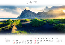 Wall Calendar For 2023 Year. July, B3 Size. Set Of Calendars With Amazing Landscapes. Black Sand Dunes On Stokksnes Headland, Iceland, Europe. Monthly Calendar Ready For Print..