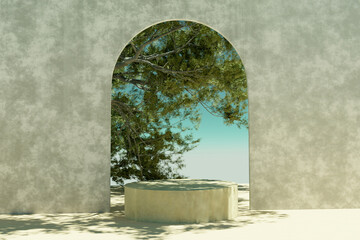 Wall Mural - 3d render Abstact stage podium background, Round podium on the sand, backdrop cement arch door, big tree and sky for product display, mock up and showcase, Nature realistic platform