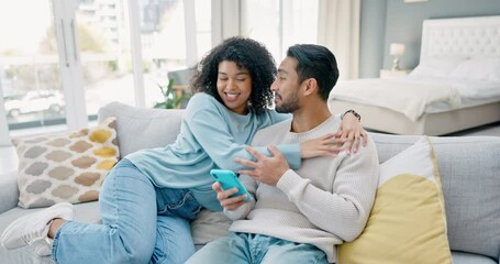 Poster - Phone, social media and love with a couple hugging on a sofa in the living room of their home. Mobile, technology and affection with a happy young man and woman embracing together in their house