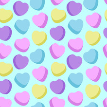 Candy Heart Seamless Pattern, Simple, Pastel Color, Valentine,  Sweet, Kiss, Love, Sweetheart, Light Blue Background