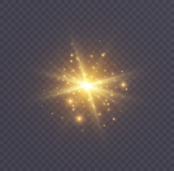 star burst with sparkles, lens flare with particles, golden star explosion. shining sun with fairy d