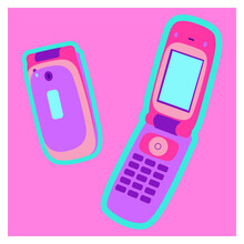 Flip Phone Vintage Illustration, Colorful, Fun, 90s Aesthetic, Cool Design, Illustration, Technology, Vintage, Pink Background