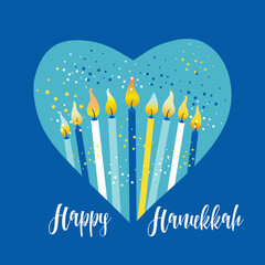 Wall Mural - Jewish holiday Hanukkah greeting card traditional Chanukah symbols - menorah candles in heart illustration on blue.