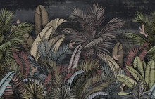 Pattern Wallpaper Jungle Tropical Drawings Of  Palms Trees And Birds Of Different Colors With Birds And Black Background 