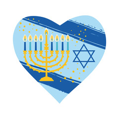 Wall Mural - Jewish holiday Hanukkah heard greeting card traditional Chanukah symbols - menorah candles in heart illustration on blue. israel flag background