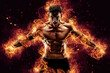 © zamuruev - Bodybuilder posing on the fire flames background