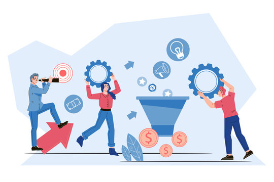 Business marketing team managers using sales funnel. Process of increasing sales and social media marketing, leads conversion and generating money concept, flat vector illustration on white.