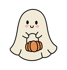 Halloween cute ghost with pumpkin. Kawaii face. Vector design on isolated background. Cartoon style. For print and web.