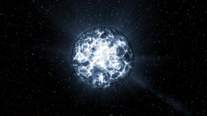 Poster - Bright glowing ball with liquid shimmer. Motion. Energy plasma flickers brightly in 3D ball. Shimmering ball of energy in outer space with particles