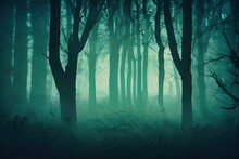 Dark And Misty Forest Trees With A Green Light