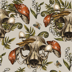 Wall Mural - Vintage Animal Skull Seamless Pattern, Amanita Mushroom Texture, Fern and Forest Flowers