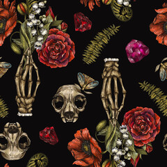 Sticker - Vintage magic flowers seamless pattern, witch death hand, Witchcraft mystery occult texture