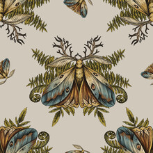 Vintage Moth And Fern Seamless Pattern, Woodland Texture, Enchanted Forest