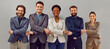 Happy diverse business team. Group of multiethnic international male and female office coworkers standing in row, holding hands and smiling. Teamwork, corporate unity concept. Banner, studio portrait