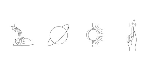 Wall Mural - aesthetic hands and cosmic and celestial elements. universal cosmos related icons. linear vector ill