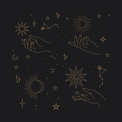 Wall Mural - mystical and celestial elements with stars, planets, moons and hands. palm and zodiac elements. occu