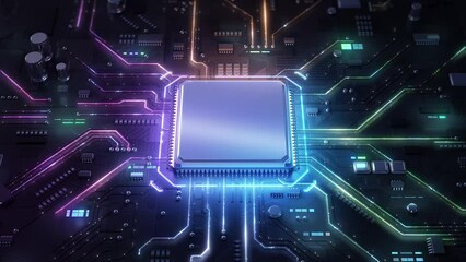 Digitalization concept: the CPU activates futuristic AI. Visualizing a digital impact or a processor or computer starting, booting. Neon glowing circuit network UI. Machine Learning. 3d rendering.