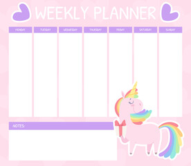 Sticker - Cute Unicorn Weekly Planner with Blank Column for Writing and Pretty Pony with Rainbow Mane Vector Template