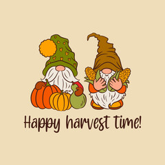 Cute scandinavian gnomes crop harvest. Fall thanksgiving clipart. Funny nordic gnomes. Fall greeting card template with text. Little dwarf vector for print, cut file, home decor, invitation, poster.