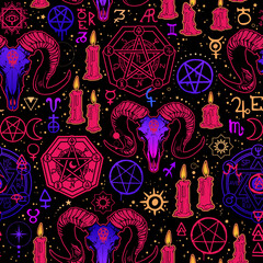 Wall Mural - esoteric occult seamless pattern of magical symbols and animals