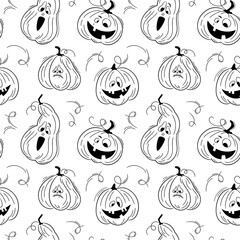 Wall Mural - Seamless pattern with emotions halloween pumpkins on white background. Сute hand drawn pumpkins. Funny faces for scrapbook digital paper, textile print, page fill. Vector illustration