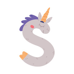 Poster - Unicorn Cute Alphabet Letter S with Smiling Face and Twisted Horn Vector Illustration