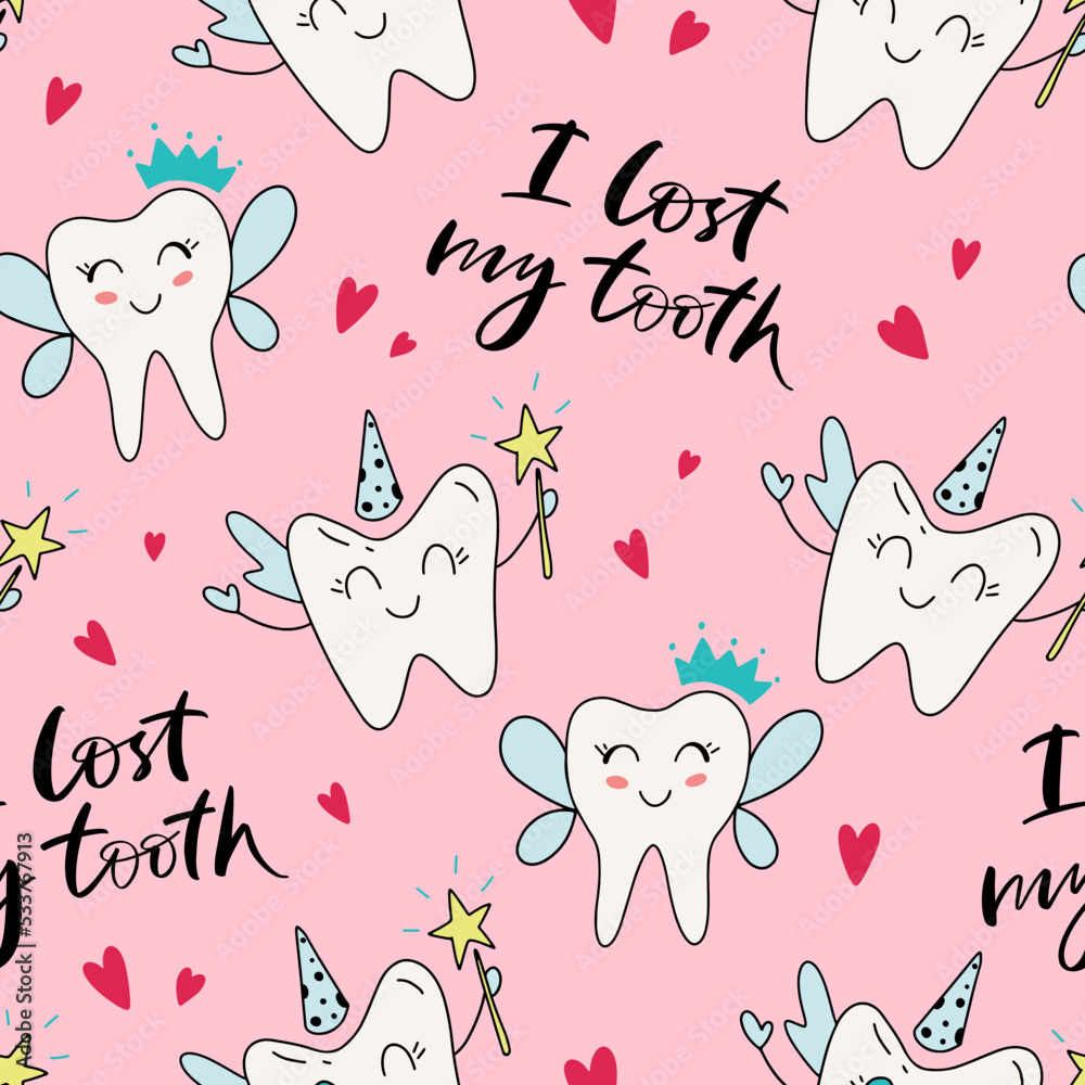 Seamless pattern of fairy teeth. Slogan of I lost my tooth. Concept for ...