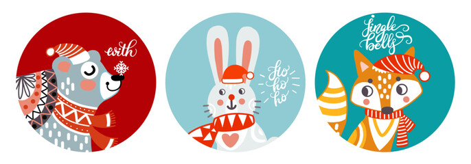 Wall Mural - Set of three circle christmas illustration with cute animals vector