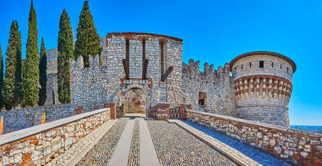 Poster - Panorama of the gate  and wall of Brescia Castle, Italy