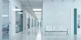 Fototapeta  - Empty corridor in modern hospital with waiting area and hospital bed in rooms.3d rendering