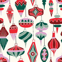 Wall Mural - Retro Hanging Baubles Vector Seamless Pattern. Vintage Winter Holidays Ornaments Background. Festive Mid Century Modern Graphic Print