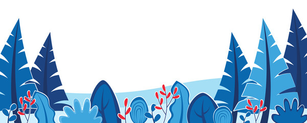 Poster - Winter nature background with landscape pattern concept. Horizontal web banner with evergreen trees, bushes and plants under snow. Colourful border. Illustration in flat design for website.